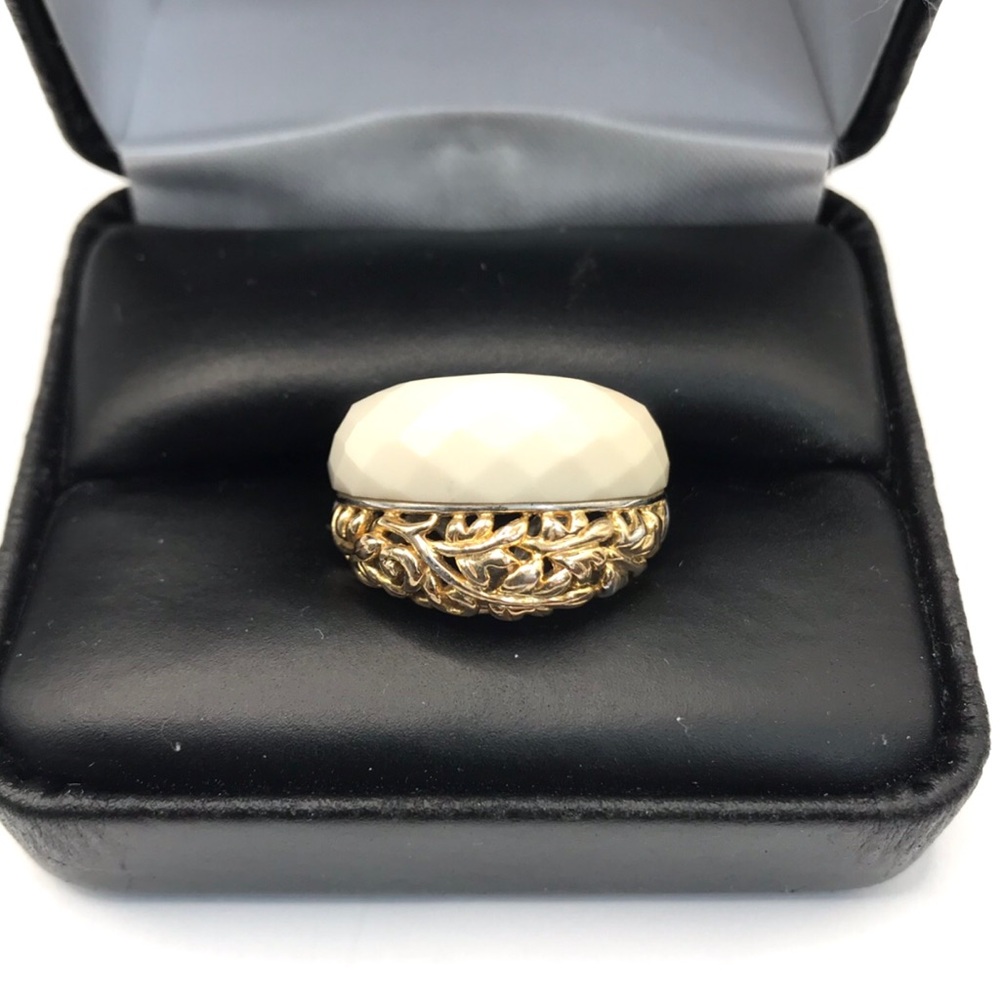 925 Sterling Silver Two Tone Filigree Ring with Cream Onyx Stone Size 6.5